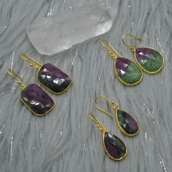 Ruby Zoisite Earrings: Gold Plated Silver, Anyolite, Teardrop Or Rectangular Dangle Drop, 2 of 12