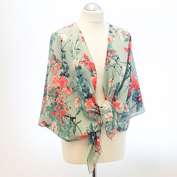 Duck Egg And Coral Floral Georgette Kimono Wrap, 2 of 3