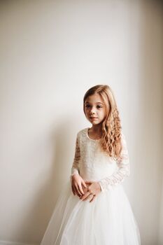 Long Sleeve Lace Flower Girl Dress – Floor Length Tulle Gown Handmade UK, 5 of 6