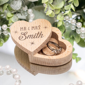 Mr And Mrs Stars Engraved Wooden Heart Wedding Ring Box, 2 of 3