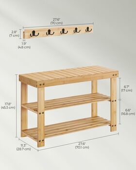 Three Tier Bamboo Shoe Bench Coat Rack Metal Hooks Set, 11 of 12