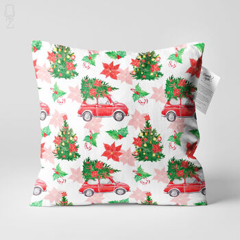 Nostalgic Red Car With Pine Tree Christmas Chenille Cushion, 5 of 12