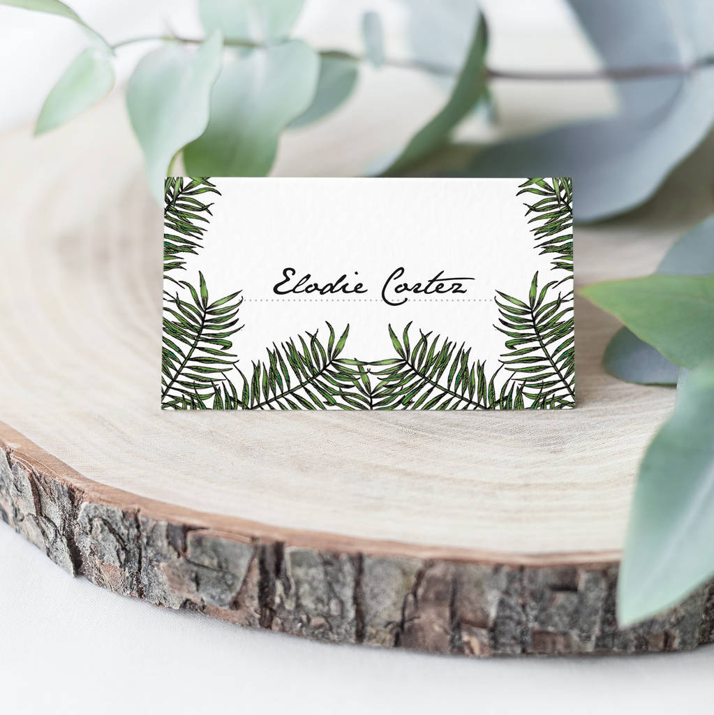 tropical palm leaf wedding place cards pack 10 by fawn & thistle