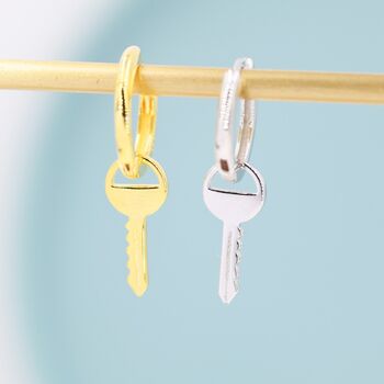 Dangling Key Hoop Earrings In Sterling Silver, 6 of 11