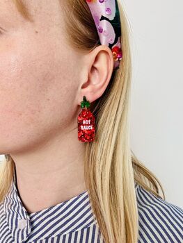 Hot Sauce Bottle Glitter Dangle Earrings / Fun Gift For Spice Lovers And Sassy Friends, 6 of 6