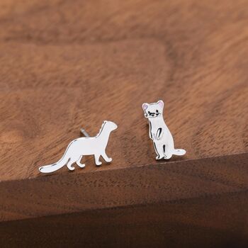 Mismatched Sterling Silver Cute Weasel Stud Earrings, Asymmetric Ferret Earrings, 4 of 11