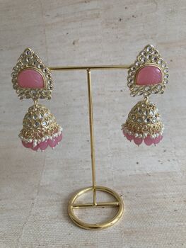 Pink Gold Kundan Jhumki Indian Earrings, 3 of 7