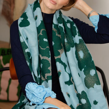 Elegant Woven Scarf In Teal And Sky Blue With Shimmering Metallic Thread, 7 of 11