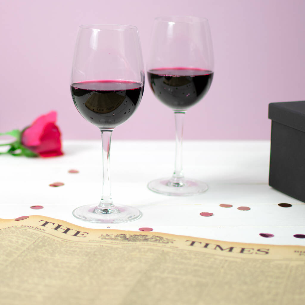Set Of Wine Glasses And Birth Date Newspaper Gift Set By Jonny's Sister