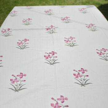 Floral Pink And Green Block Printed Tablecloth, 5 of 9