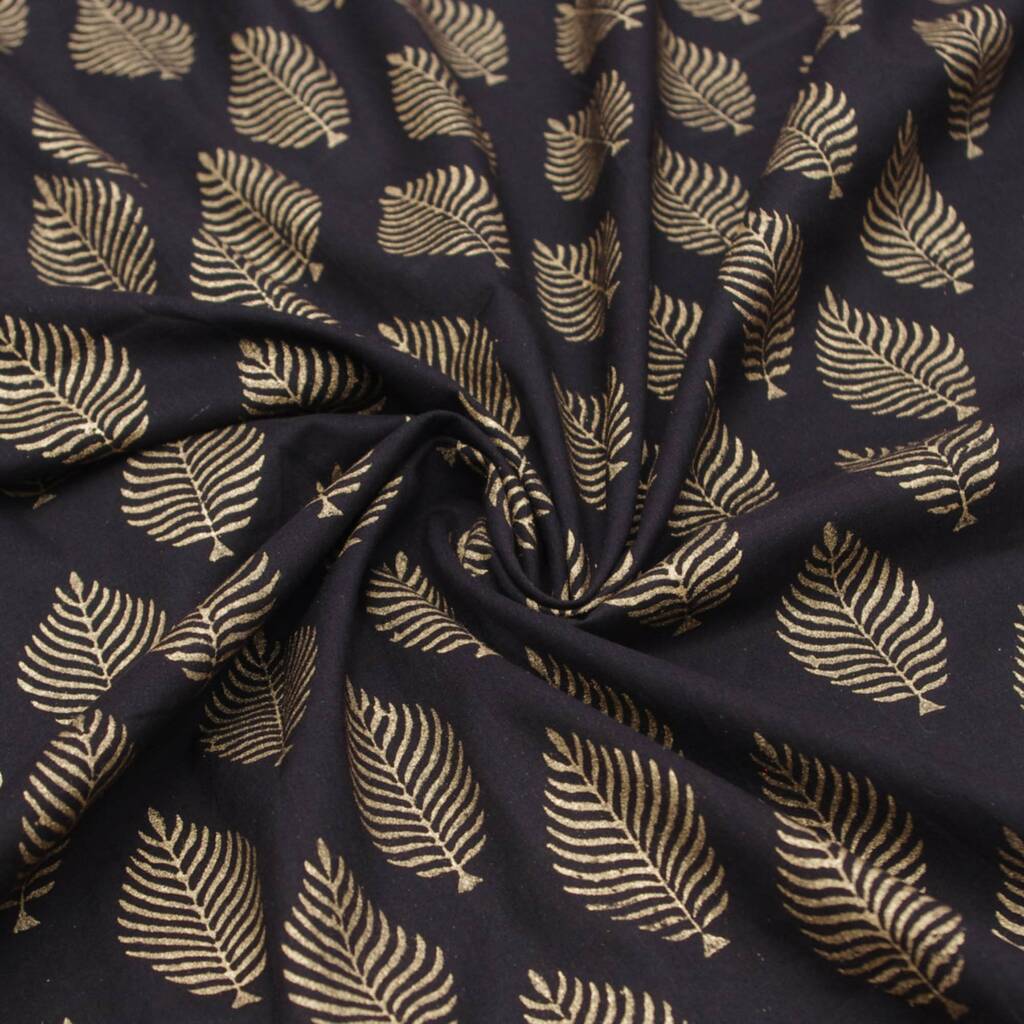 Gold Winter Leaf Hand Block Printed Cotton Fabric By Reason Season Time ...