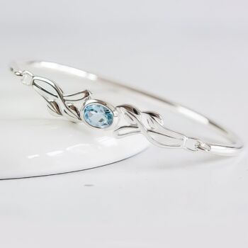 Sterling Silver Blue Topaz Leaf Bangle, 3 of 6