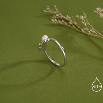 Sterling Silver Cat Playing With Ball Ring With Natural Button Shaped Pearls, 3 of 12