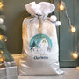 Personalised The Snowman And The Snowdog Luxury Silver Grey Pom Pom Christmas Sack, thumbnail 3 of 4