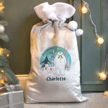 Personalised The Snowman And The Snowdog Luxury Silver Grey Pom Pom Christmas Sack, 3 of 4