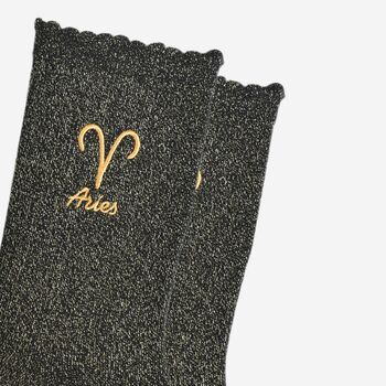 Women's Glitter Socks Black Gold Zodiac Aries, 3 of 5