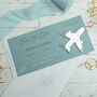 Dusty Blue Wedding Boarding Pass Save The Date With Silver Magnetic Plane, thumbnail 1 of 6