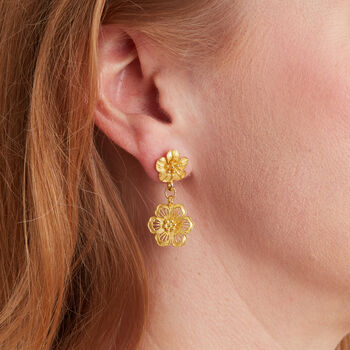 Gold Plated Filigree Double Drop Flower Stud Earrings, 2 of 8