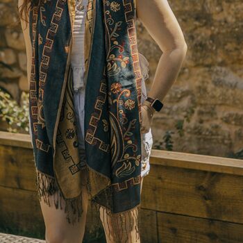 Deep Teal Vintage Paisley Tassel Pashmina Scarf, 2 of 2