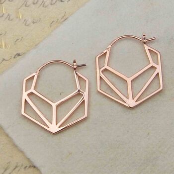 Rose Gold Plated Silver Geometric Hexagonal Hoop Earrings, 2 of 7