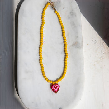 Yellow Bead Pink Heart Necklace, 2 of 5