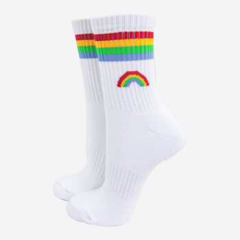 Rainbow Striped Sporty Ribbed Cotton Ankle Socks Women's White, 2 of 5