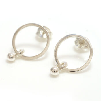 Silver Circle Stud Earrings With Dangling Silver Ball, 3 of 5