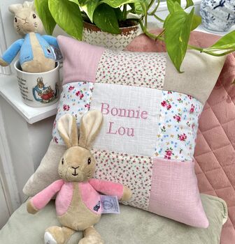 Ditsy Pink Patchwork Name Cushion, 3 of 9