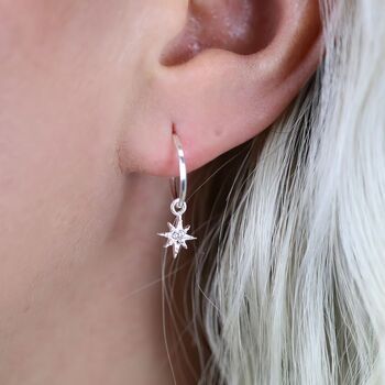 Sterling Silver Star Charm Hoop Earrings, 6 of 10