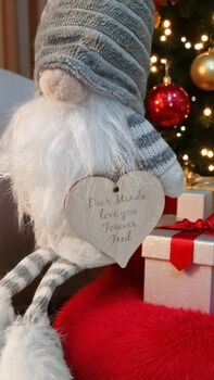 Personalised Christmas Gnome Striped Hat And Wooden Heart, 2 of 5