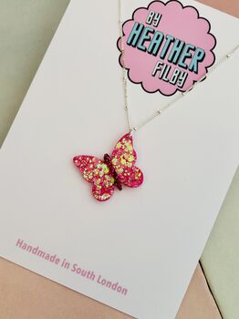 Pink Butterfly Glitter Charm Necklace / Garden Party Gift / Cute Nature Jewellery / Handmade Accessories, 2 of 7