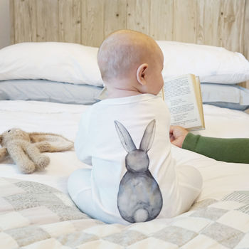Bunny Rabbit Back Watercolour Baby Sleepsuit, 3 of 7