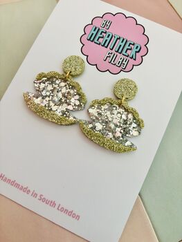 Pearl Clam Glitter Resin Earrings / Pearl And Glitter Resin Jewellery Iridescent Sea Gift / Beach Wedding Jewellery Nautical Sparkle Accessory / Under The Sea Statement, 4 of 5