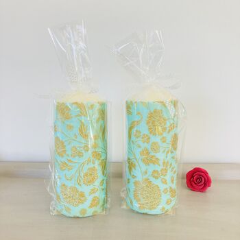 Floral Pillar Candle ~ Turquoise /Gold, 5 of 5