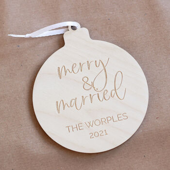 Personalised Wooden Merry And Married Christmas Bauble, 3 of 4