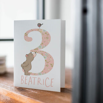 Bear And Bird 3rd Birthday Card In Six Colours, 2 of 3