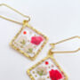 Real Flowers Diamond Square Drop Earrings Real Gold Plated Hypoallergenic, thumbnail 2 of 9