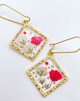 Real Flowers Diamond Square Drop Earrings Real Gold Plated Hypoallergenic, 2 of 9