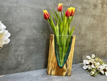 26cm V Shaped Molten Glass Vase On Teak Root – Handmade Wooden, 2 of 12