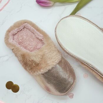 Fluffy Faux Fur Slippers For Her – Silver Or Gold Sparkly Cosy Slippers, 8 of 12
