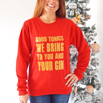 'Good Tonics We Bring' Gold Christmas Jumper, 2 of 7