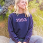Personalised Varsity Font Birth Year Sweatshirt Jumper, thumbnail 1 of 6