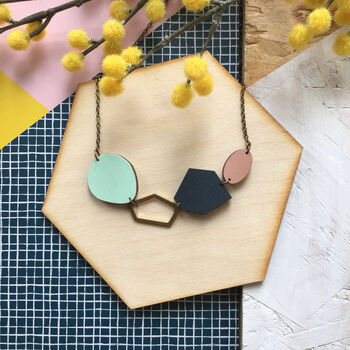 Geometric Abstract Gemstone Wooden Necklace, 2 of 5
