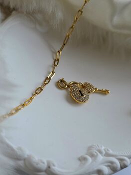 Detachable Cz Lock And Key Charm 18k Gold Pvd Plated Paperclip Dainty Necklace I, 8 of 10
