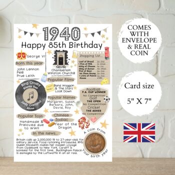 85th Birthday Card With 1940 Coin And Envelope Choose Your Colour, 2 of 3