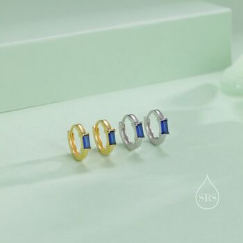 Sterling Silver Sapphire Blue Single Baguette Cut Cz Huggie Hoop, 3 of 12