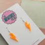 Small Neon Orange Glitter Lightning Bolt Earrings / Bright Orange Jewellery Bold Neon Sparkle / Electric Retro Flash Dangles, thumbnail 3 of 5