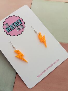 Small Neon Orange Glitter Lightning Bolt Earrings / Bright Orange Jewellery Bold Neon Sparkle / Electric Retro Flash Dangles, 3 of 5