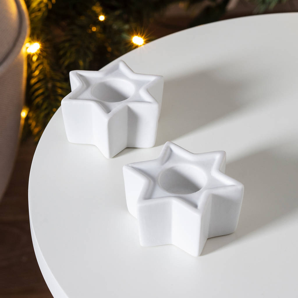 Set Of Two Ceramic Star Taper Candle Holders By Lights4fun