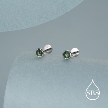 4mm Natural Moss Agate 16 G Flat Back Earrings In Sterling Silver, 7 of 11